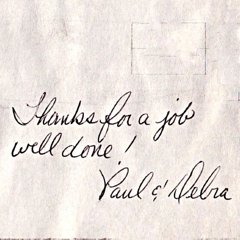Handwritten Testimonial Note from Paul and Debbra