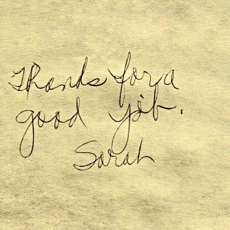 Handwritten Testimonial Note from Sarah